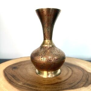 Vintage Etched Brass Bud Vase Red Enamel Floral‎ Design 5.5 Inches Made in India